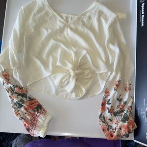 SHEIN Cream and Pink Long Sleeve Crop Blouse with Tie Front